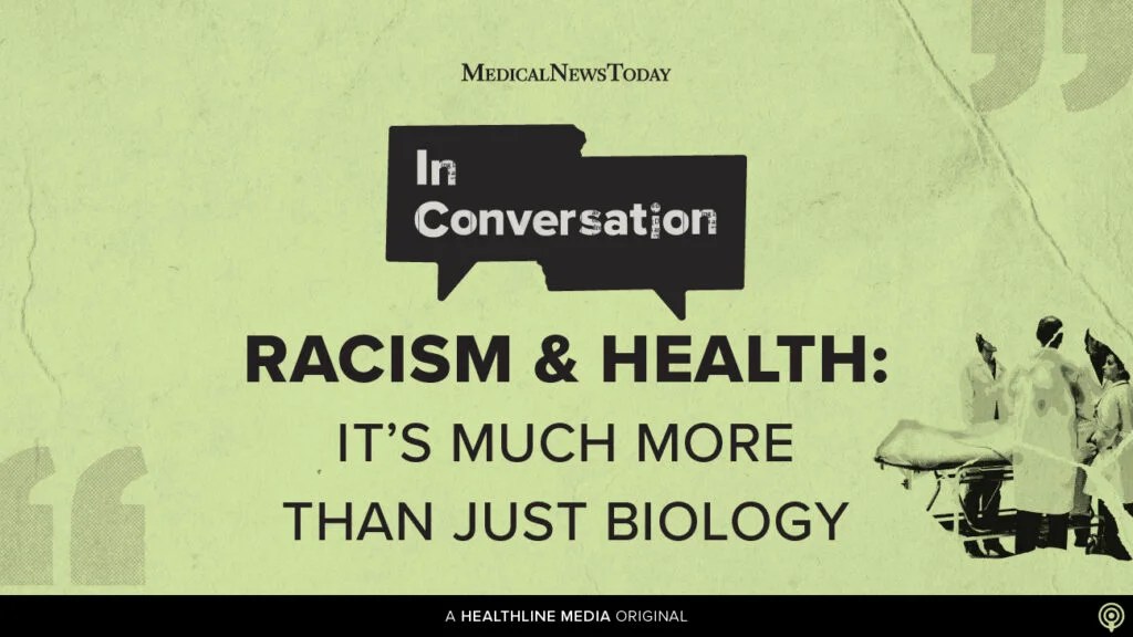An illustration depicting a group of medical professionals against a background that reads: Racism and health: It's much more than just biology